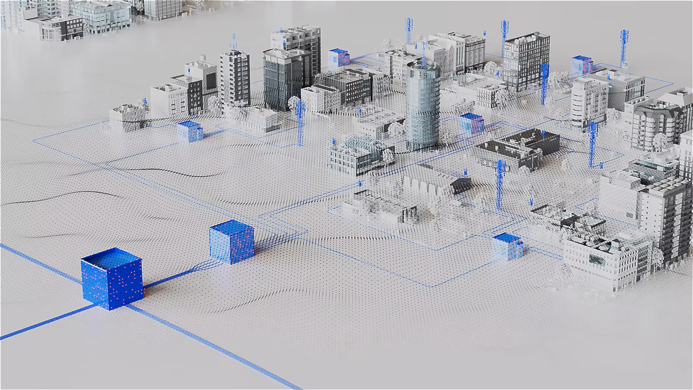 3D-Animation einer vernetzten Stadt mit digitalen Datenströmen und Serverknoten. Visualisierung moderner Netzwerktechnologie für Produktvideo oder Werbefilm über Digitalisierung, 5G-Infrastruktur und innovative Telekommunikationslösungen.