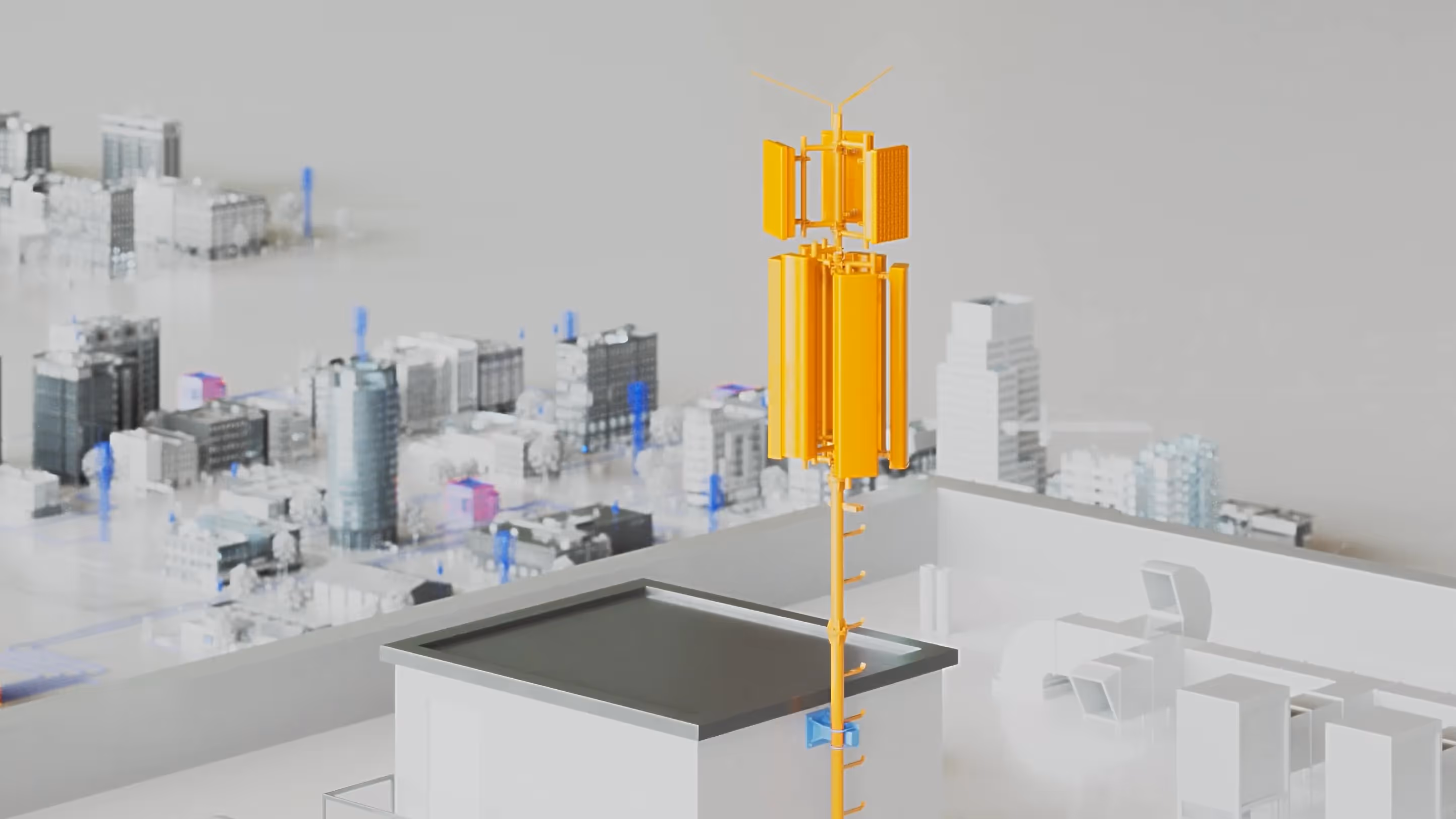 3D-Animation einer gelben Funkantenne auf einem Dach mit digitalem Stadtmodell im Hintergrund. Visualisierung moderner Netzwerktechnik für Produktvideo oder Werbefilm über Telekommunikation, 5G-Infrastruktur und Konnektivität.