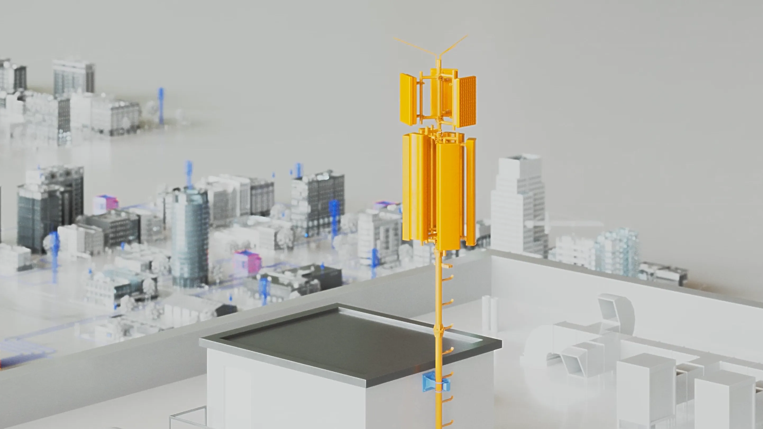 3D-Animation einer gelben Funkantenne auf einem Dach mit digitalem Stadtmodell im Hintergrund. Visualisierung moderner Netzwerktechnik für Produktvideo oder Werbefilm über Telekommunikation, 5G-Infrastruktur und Konnektivität.