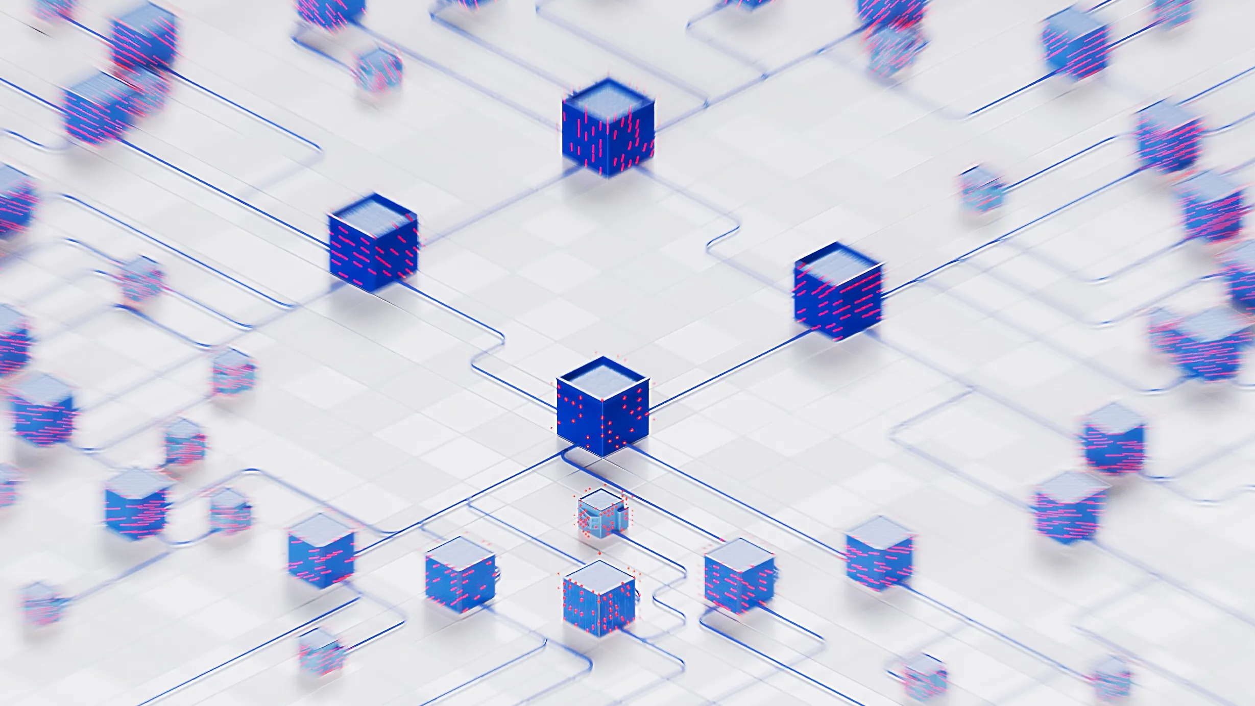 3D-Animation vernetzter Datenwürfel mit digitalen Leitungen. Symbolische Darstellung von Cloud-Technologie, Datenaustausch und Netzwerkinfrastruktur für Produktvideo oder Werbefilm über Digitalisierung und moderne Kommunikation.