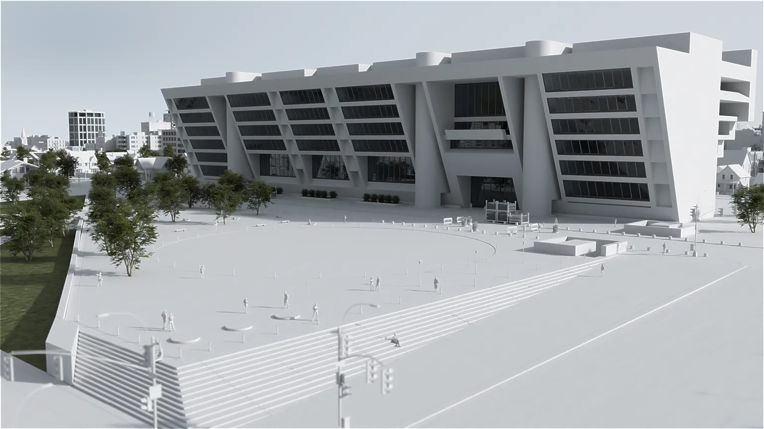 3D-Visualisierung eines modernen Bürogebäudes mit markanter Architektur, großem Vorplatz und Bäumen im urbanen Umfeld.