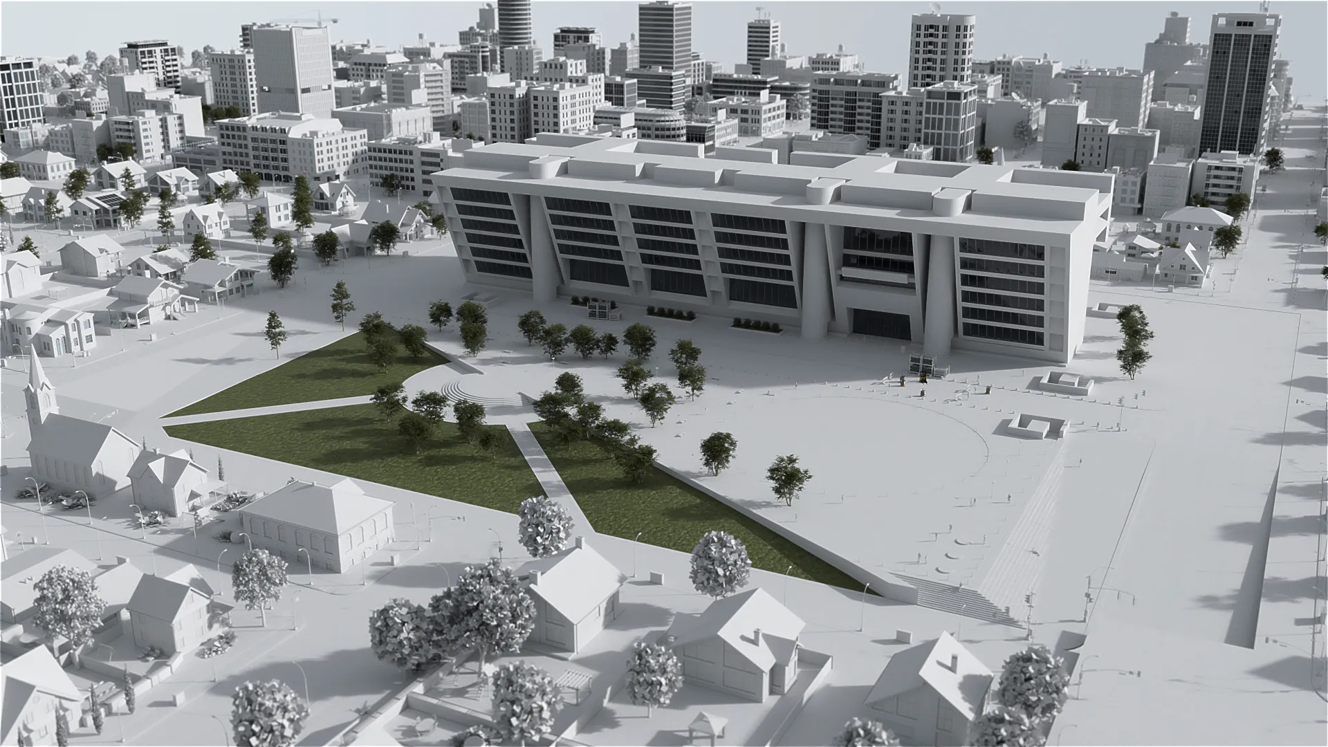 3D-Visualisierung einer Stadtansicht mit zentralem modernen Bürogebäude, großem Vorplatz und umliegenden Wohnhäusern.