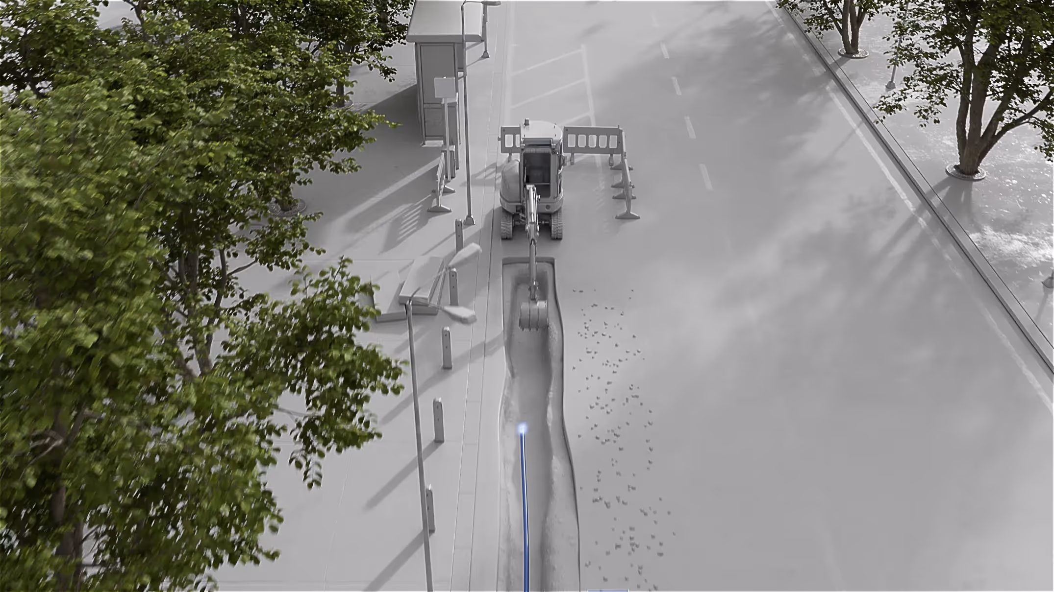 3D-Animation eines Baggers bei Straßenarbeiten zur Verlegung von Glasfaserkabeln. Realistische Visualisierung technischer Infrastruktur für Produktvideo oder Werbefilm über Netzwerkausbau, Telekommunikation und moderne Technologien.