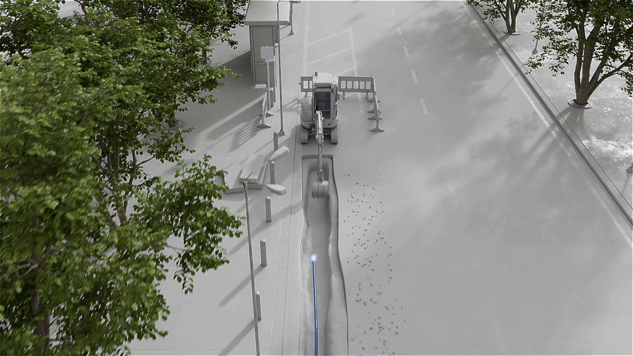 3D-Animation eines Baggers bei Straßenarbeiten zur Verlegung von Glasfaserkabeln. Realistische Visualisierung technischer Infrastruktur für Produktvideo oder Werbefilm über Netzwerkausbau, Telekommunikation und moderne Technologien.