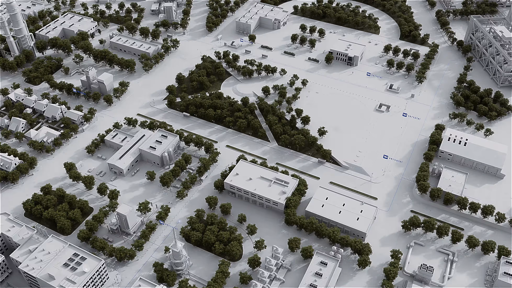 3D-Animation einer modernen Stadt mit Gebäuden, Straßen und grünen Parkanlagen. Darstellung urbaner Infrastruktur und digitaler Vernetzung für Produktvideo oder Werbefilm im Bereich Smart City, Telekommunikation und Technologie.