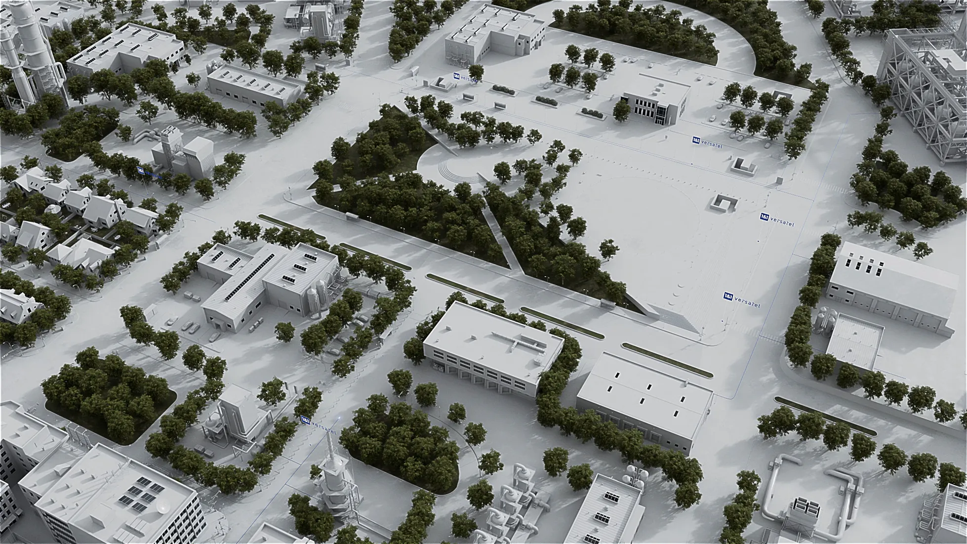 3D-Animation einer modernen Stadt mit Gebäuden, Straßen und grünen Parkanlagen. Darstellung urbaner Infrastruktur und digitaler Vernetzung für Produktvideo oder Werbefilm im Bereich Smart City, Telekommunikation und Technologie.