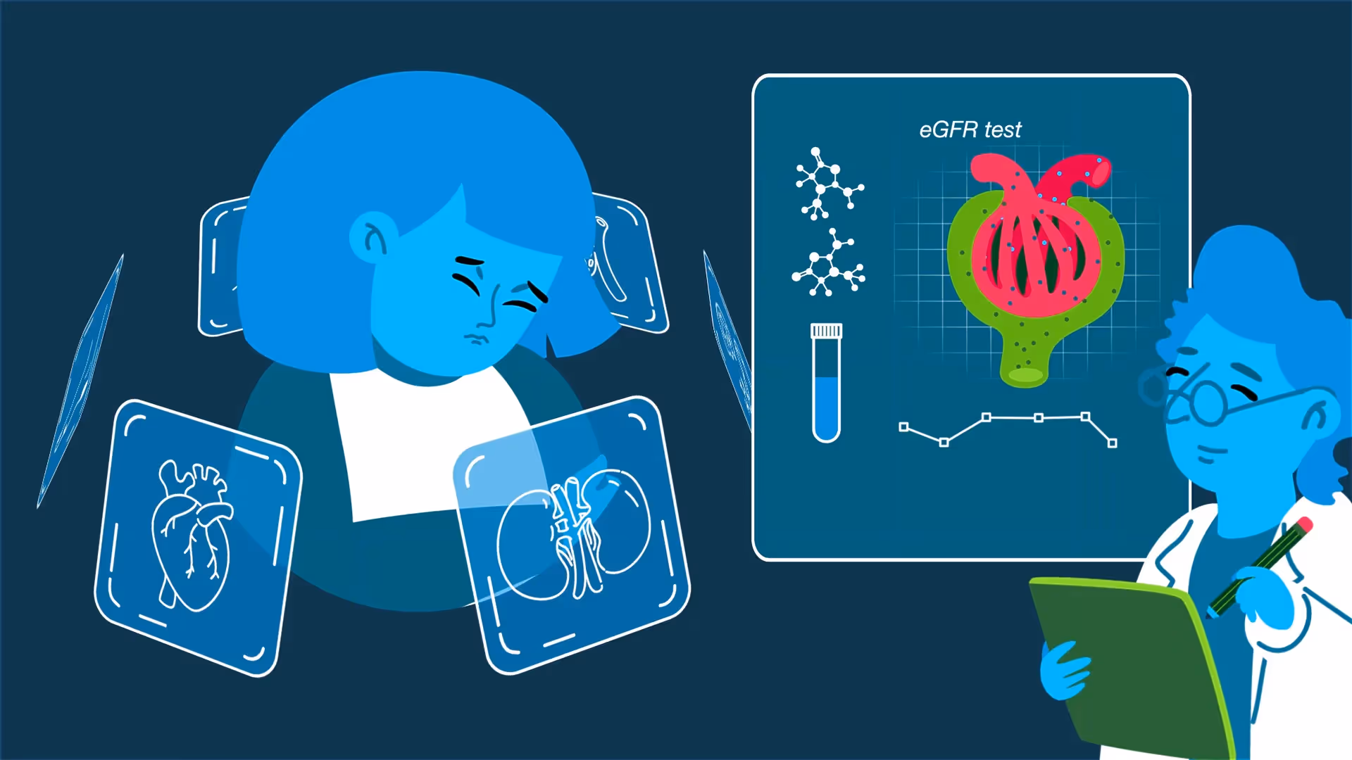 llustration einer Patientin im Gespräch mit Ärztin über Dialysegerät – Behandlung bei Diabetes-Komplikationen.