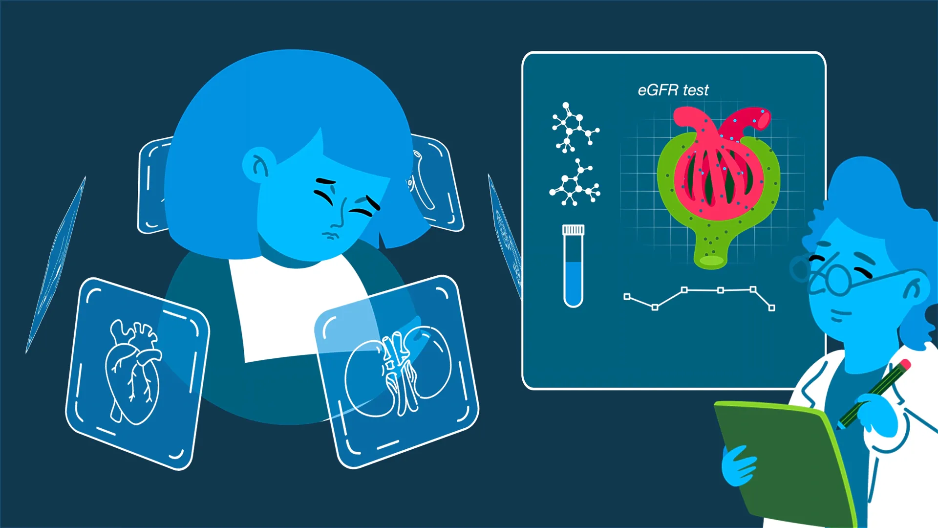 llustration einer Patientin im Gespräch mit Ärztin über Dialysegerät – Behandlung bei Diabetes-Komplikationen.