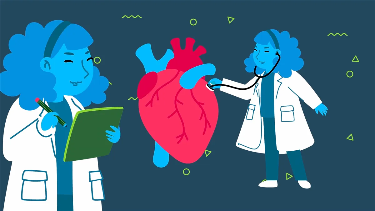 Illustration einer Kardiologin, die ein Herz mit Stethoskop untersucht – moderne Kardiologie und Herzdiagnostik.