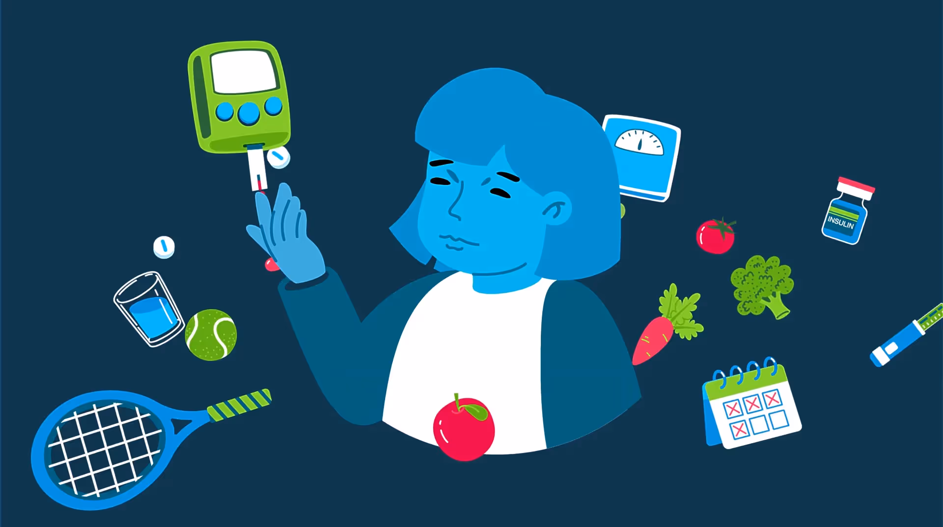 2D-Erklärvideo zeigt eine Patientin beim Blutzuckermessen mit Symbolen für Sport, Ernährung und Insulin. Bildungsorientierte Animation zur Aufklärung über Diabetesmanagement und Gesundheitstraining.