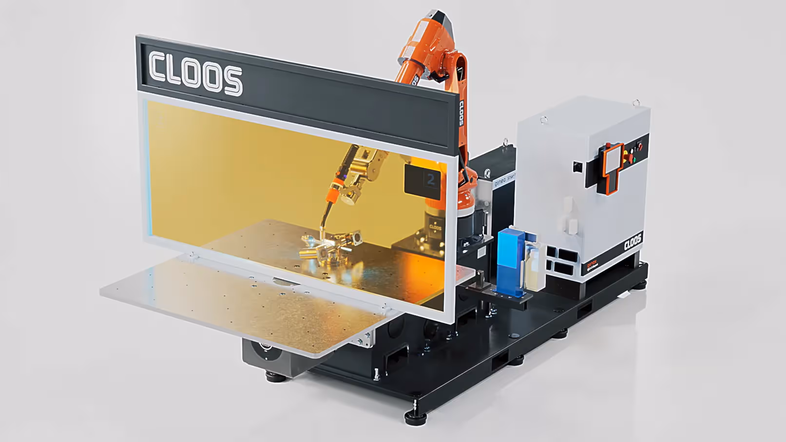 3D-Rendering einer CLOOS Schweißzelle mit Roboterarm, Schutzscheibe und automatisierter Schweißtechnik.