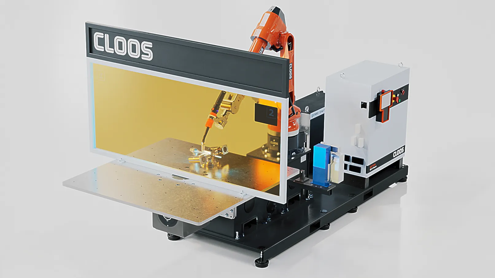 3D-Rendering einer CLOOS Schweißzelle mit Roboterarm, Schutzscheibe und automatisierter Schweißtechnik.