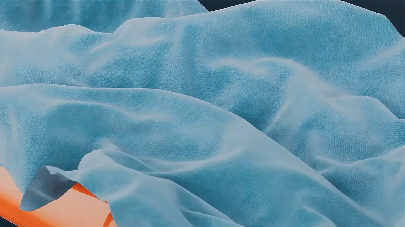 Realistische 3D Animation einer Stoffsimulation in weichem blauen Material – Szene aus einem Produktvideo oder Werbefilm, die digitale Texturen, Bewegungsdynamik und hochwertige CGI-Visualisierung zeigt.