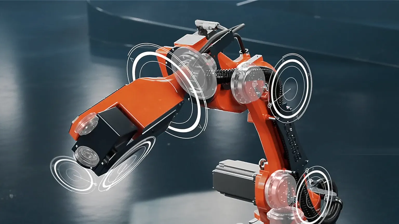 Hightech 3D Animation eines Cloos-Industrieroboters mit digitalen Overlays – modernes Produktvideo und Werbefilm, der Innovation, Präzision und intelligente Robotik in der industriellen Automatisierung visualisiert.