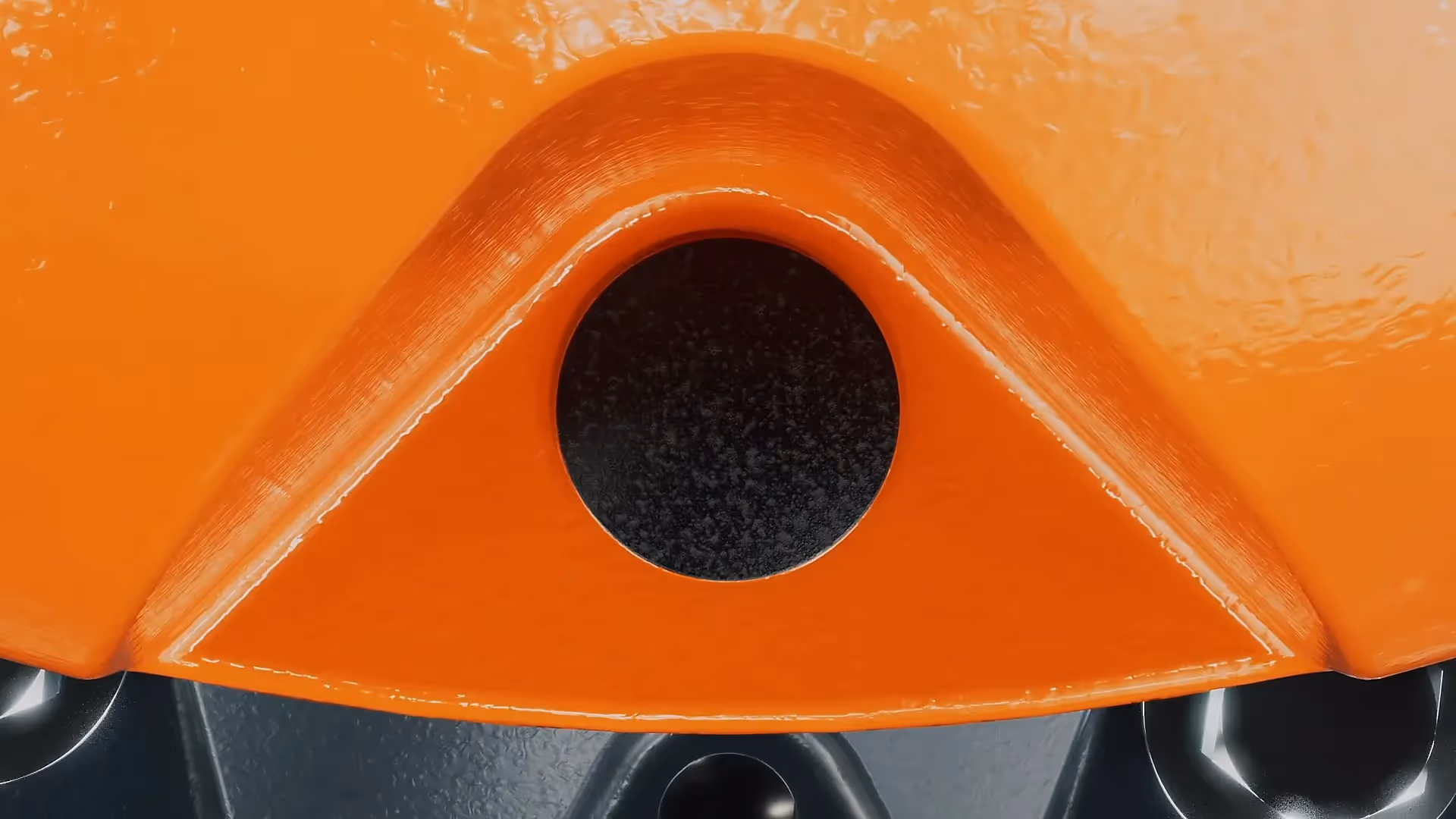 Makroaufnahme aus einer 3D Animation – Detail eines orangefarbenen Industriebauteils, visualisiert in einem hochwertigen Produktvideo oder Werbefilm mit Fokus auf Materialität, Präzision und technische Ästhetik.