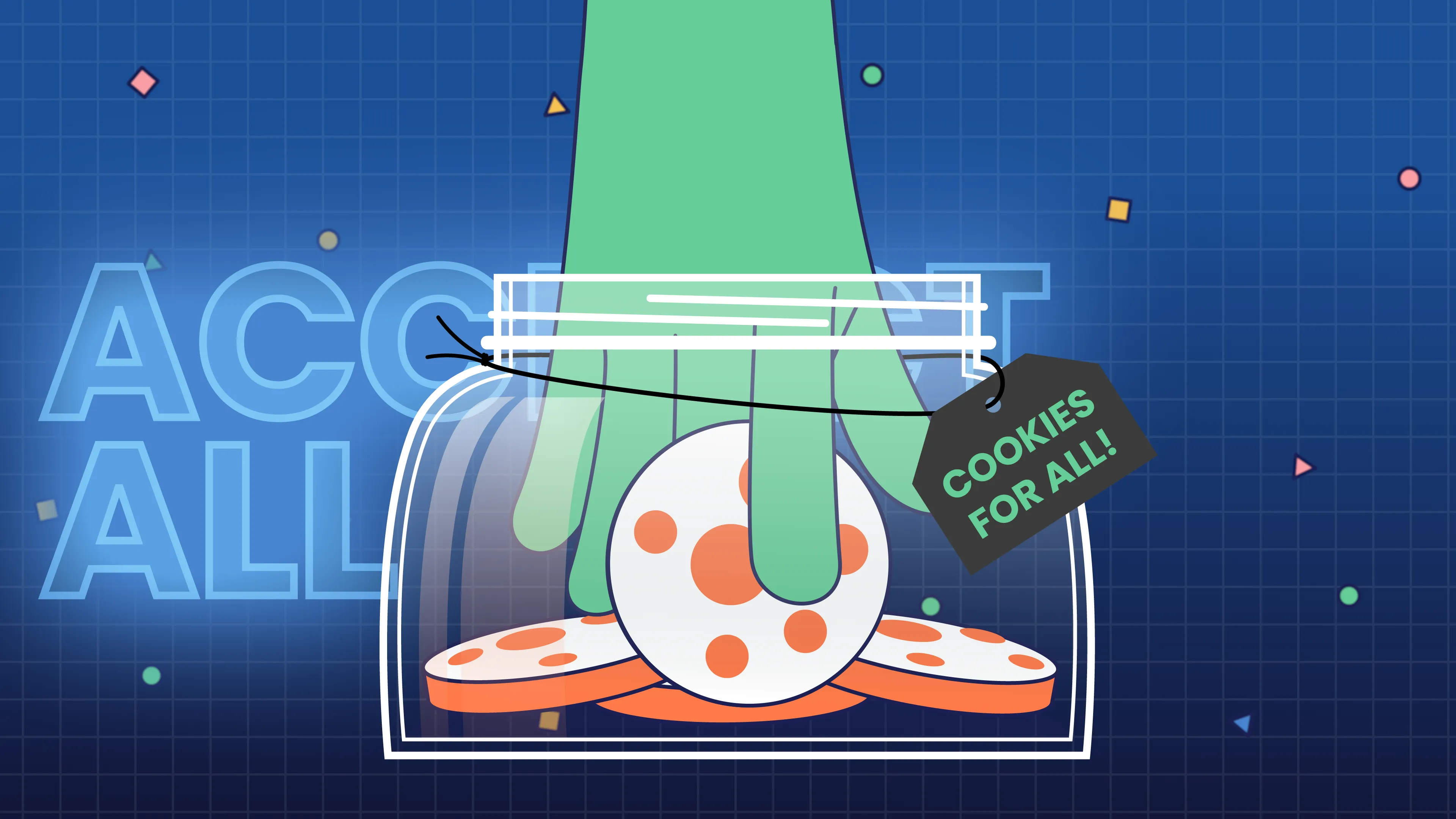 Illustration eines grünen Arms, der in ein Glas mit Keksen greift – Aufschrift ‚Cookies for all!‘ als Metapher für Cookie-Zustimmung.
