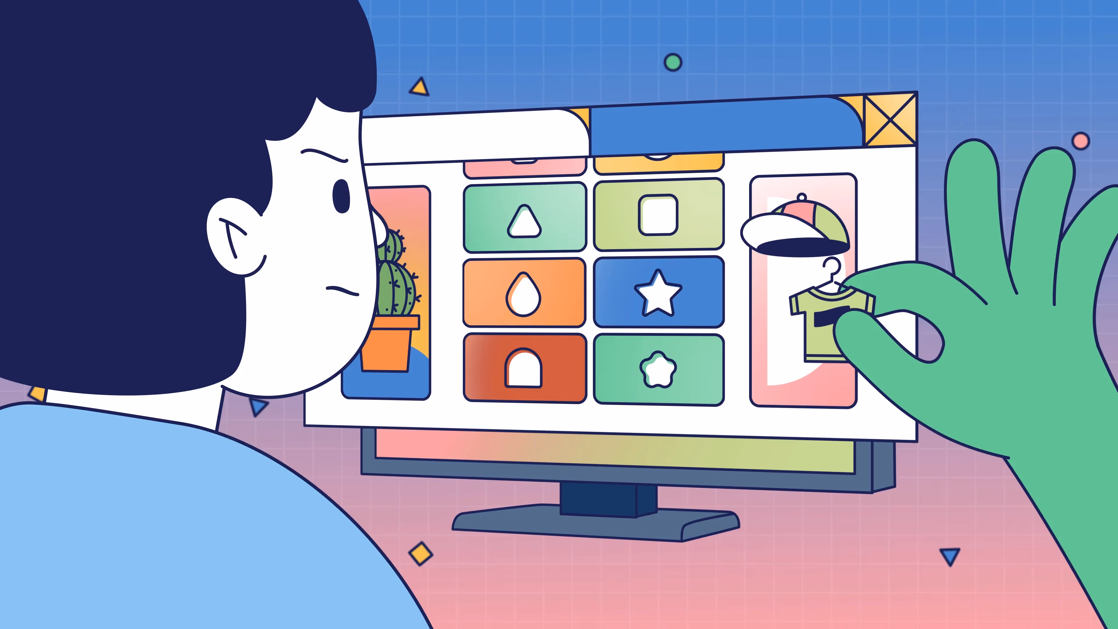 Illustration eines Nutzers vor einem Bildschirm, während eine grüne Hand heimlich persönliche Daten in Form von Symbolen und Kleidung auswählt – Metapher für personalisierte Werbung durch Cookies.