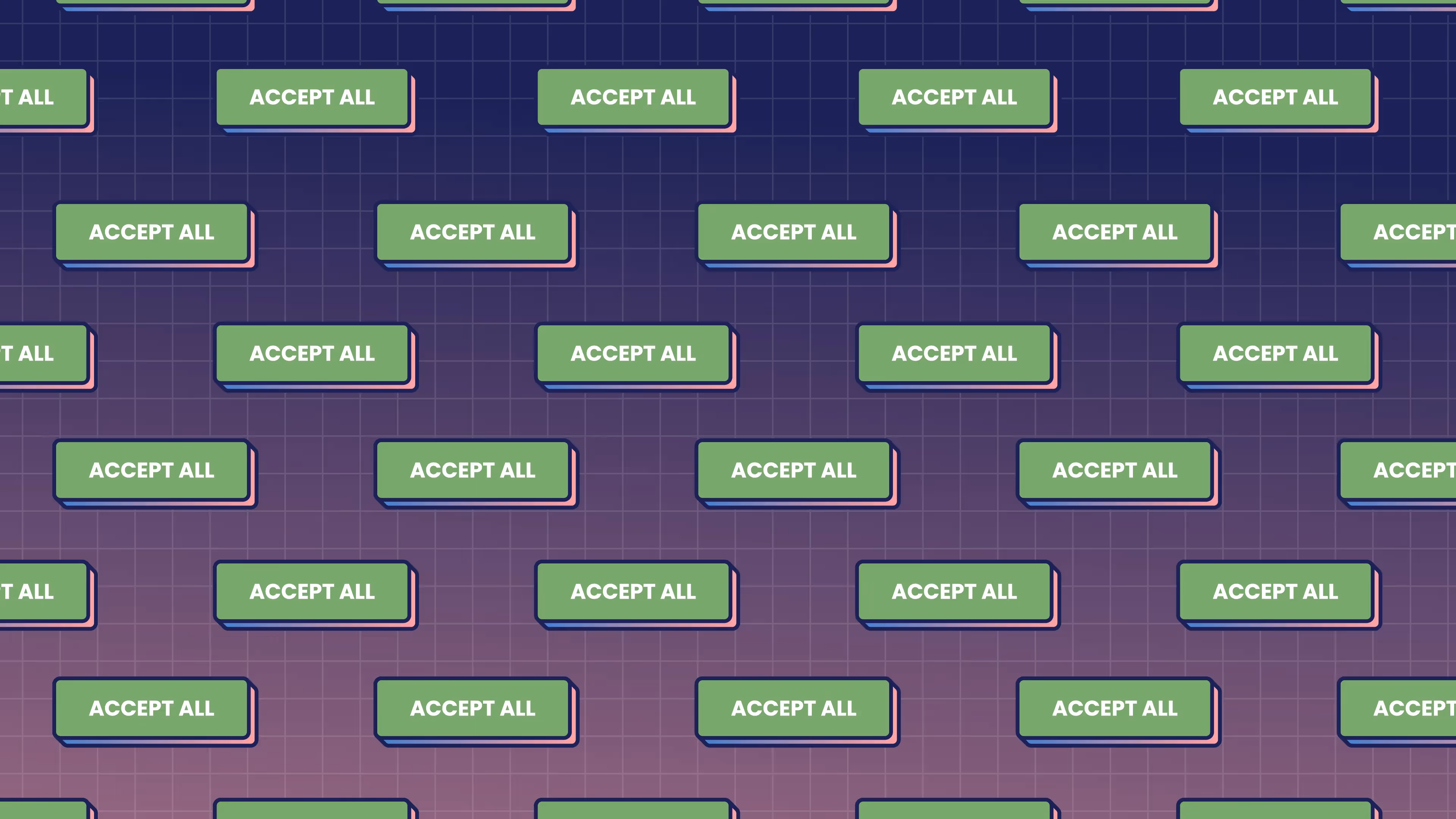 Illustration mit vielen grünen ‚Accept All‘ Buttons als Metapher für Cookie-Banner und fehlende Datenschutz-Auswahl.