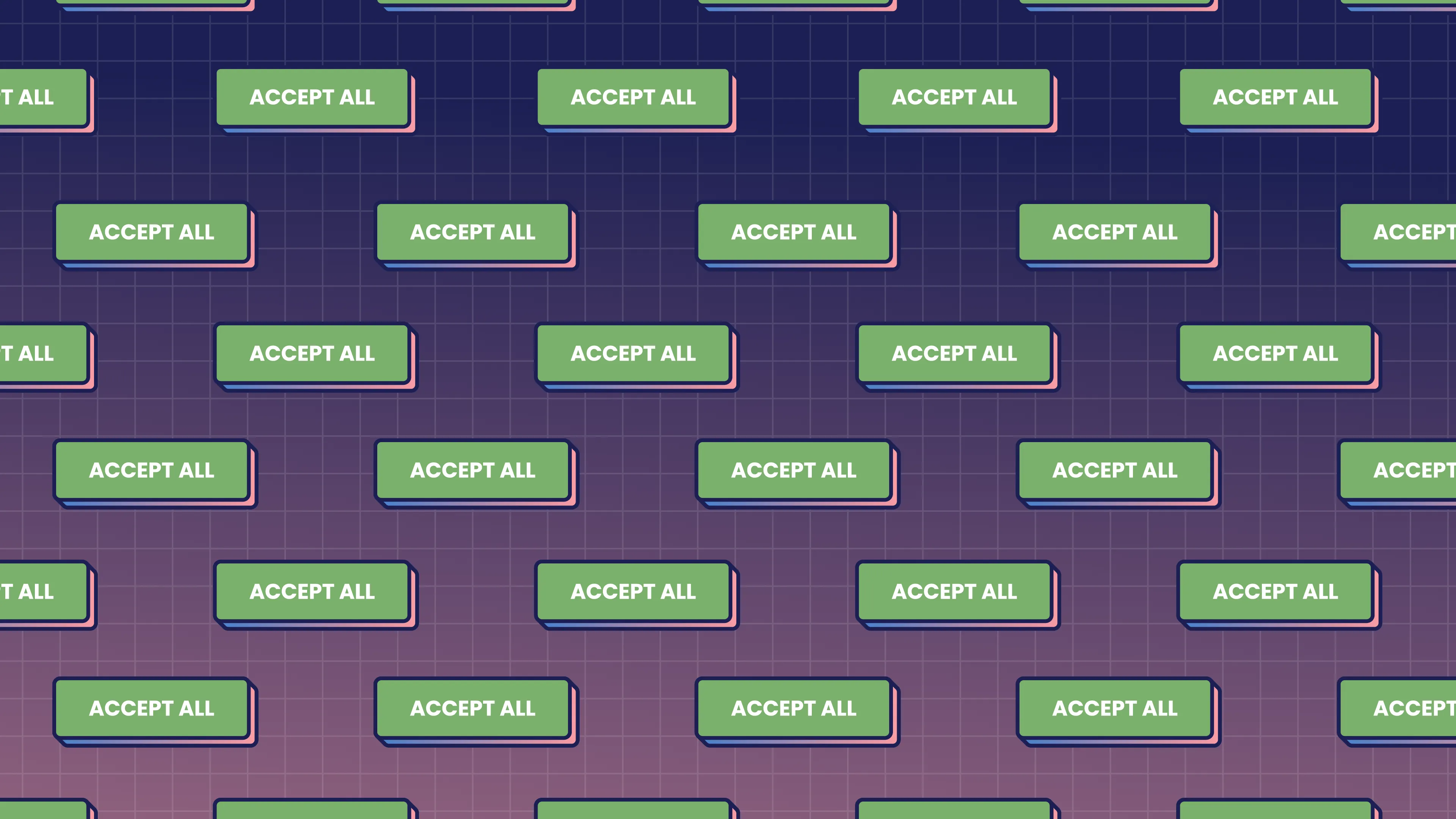 Illustration mit vielen grünen ‚Accept All‘ Buttons als Metapher für Cookie-Banner und fehlende Datenschutz-Auswahl.