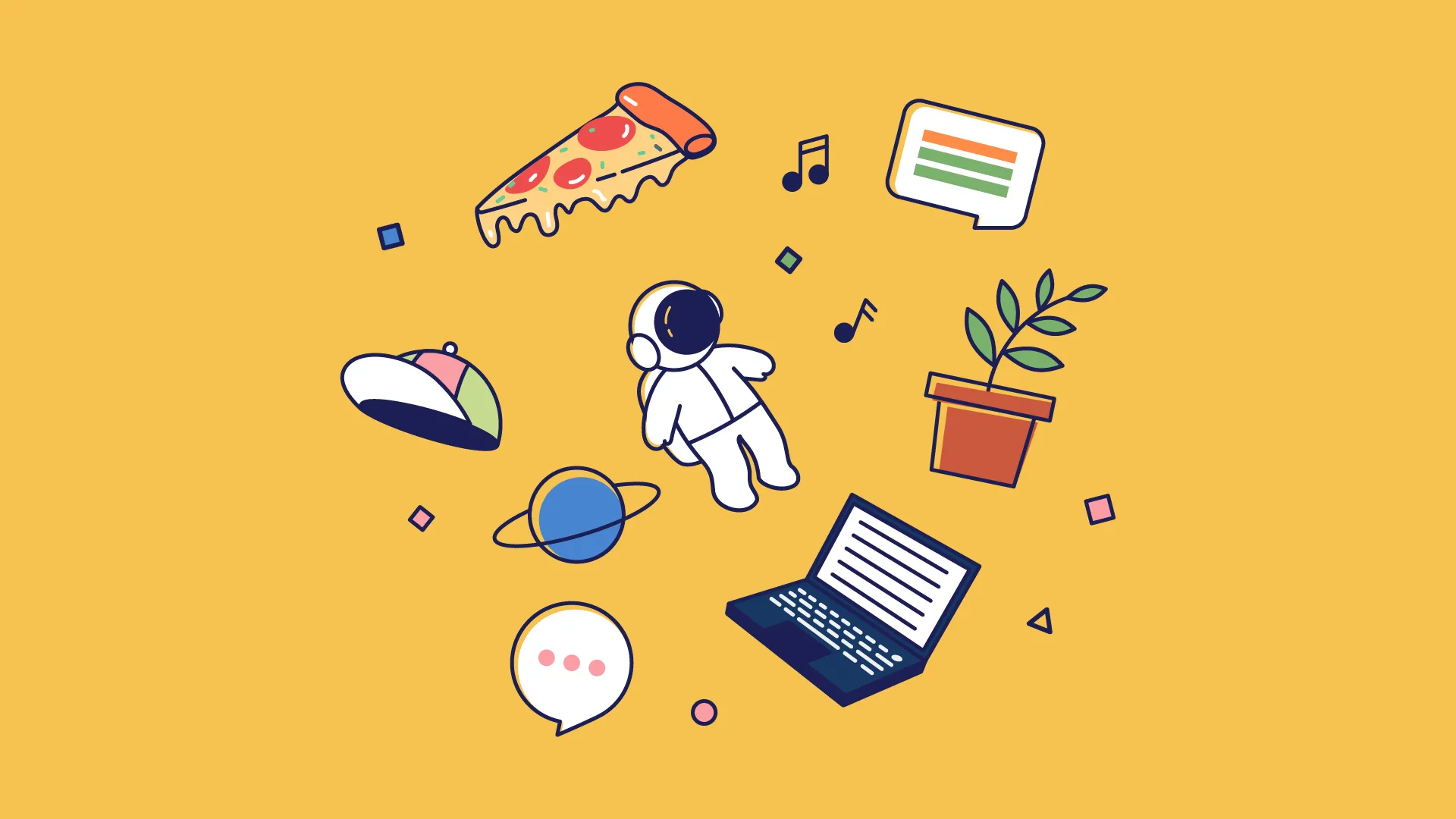 Bunte Illustration mit Astronaut, Pizza, Laptop, Pflanze, Musiknoten und Chat-Symbolen auf gelbem Hintergrund.