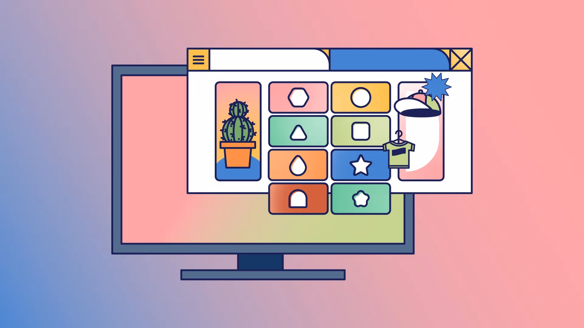 Illustration eines Bildschirms mit bunter Benutzeroberfläche, Kaktus, Symbolen und Einkaufssymbolen für Kleidung.