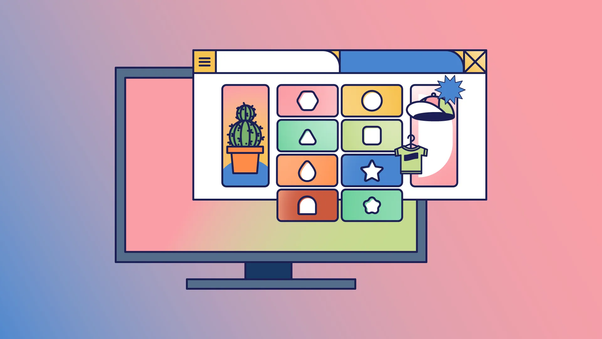 Illustration eines Bildschirms mit bunter Benutzeroberfläche, Kaktus, Symbolen und Einkaufssymbolen für Kleidung.