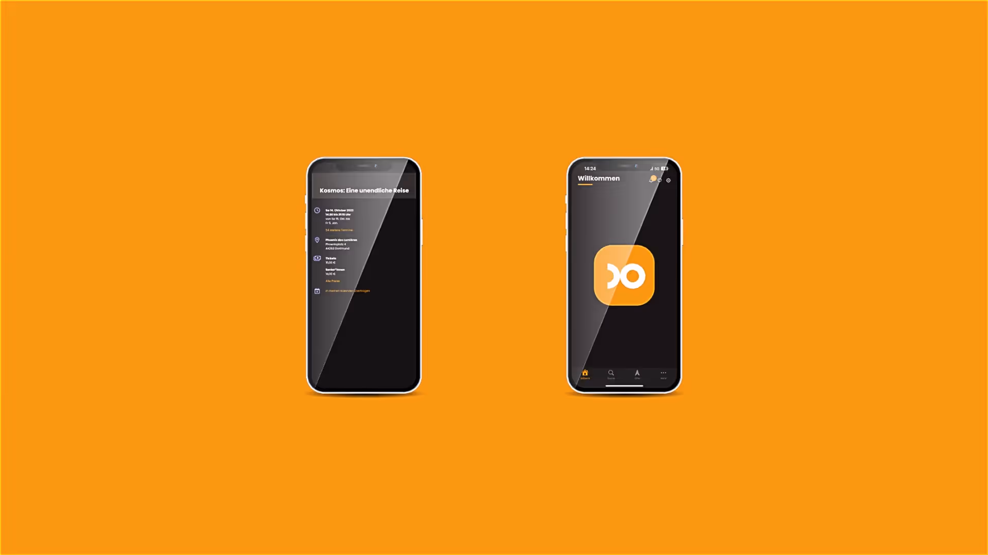 Zwei Smartphones auf orangefarbenem Hintergrund, links mit Eventdetails auf schwarzem Screen, rechts mit Dortmund-App-Logo.