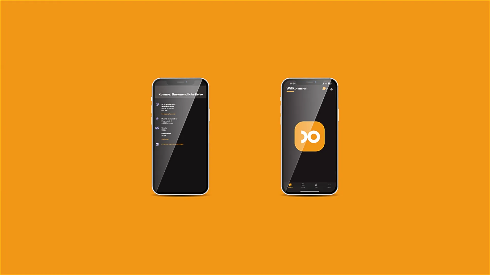 Zwei Smartphones auf orangefarbenem Hintergrund, links mit Eventdetails auf schwarzem Screen, rechts mit Dortmund-App-Logo.