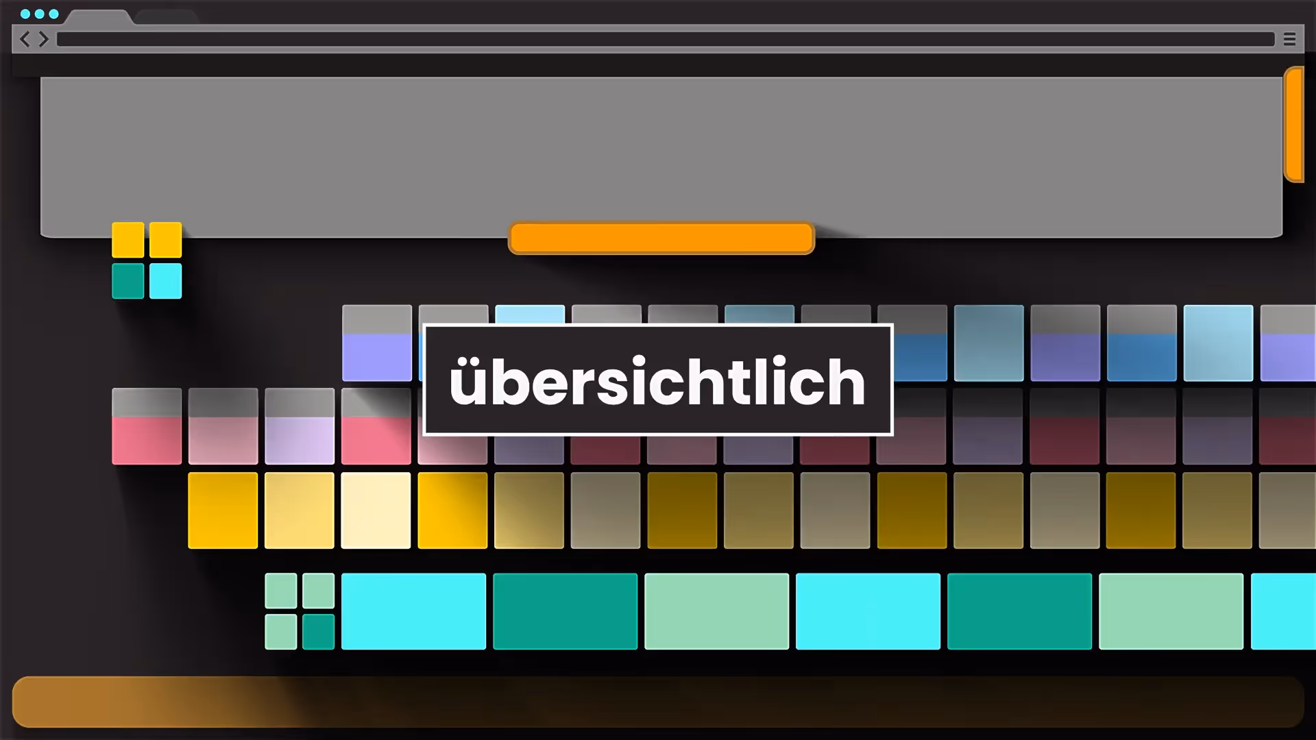 Grafische Darstellung einer Website-Oberfläche mit bunten Kacheln. In der Mitte steht groß das Wort ‚übersichtlich‘.
