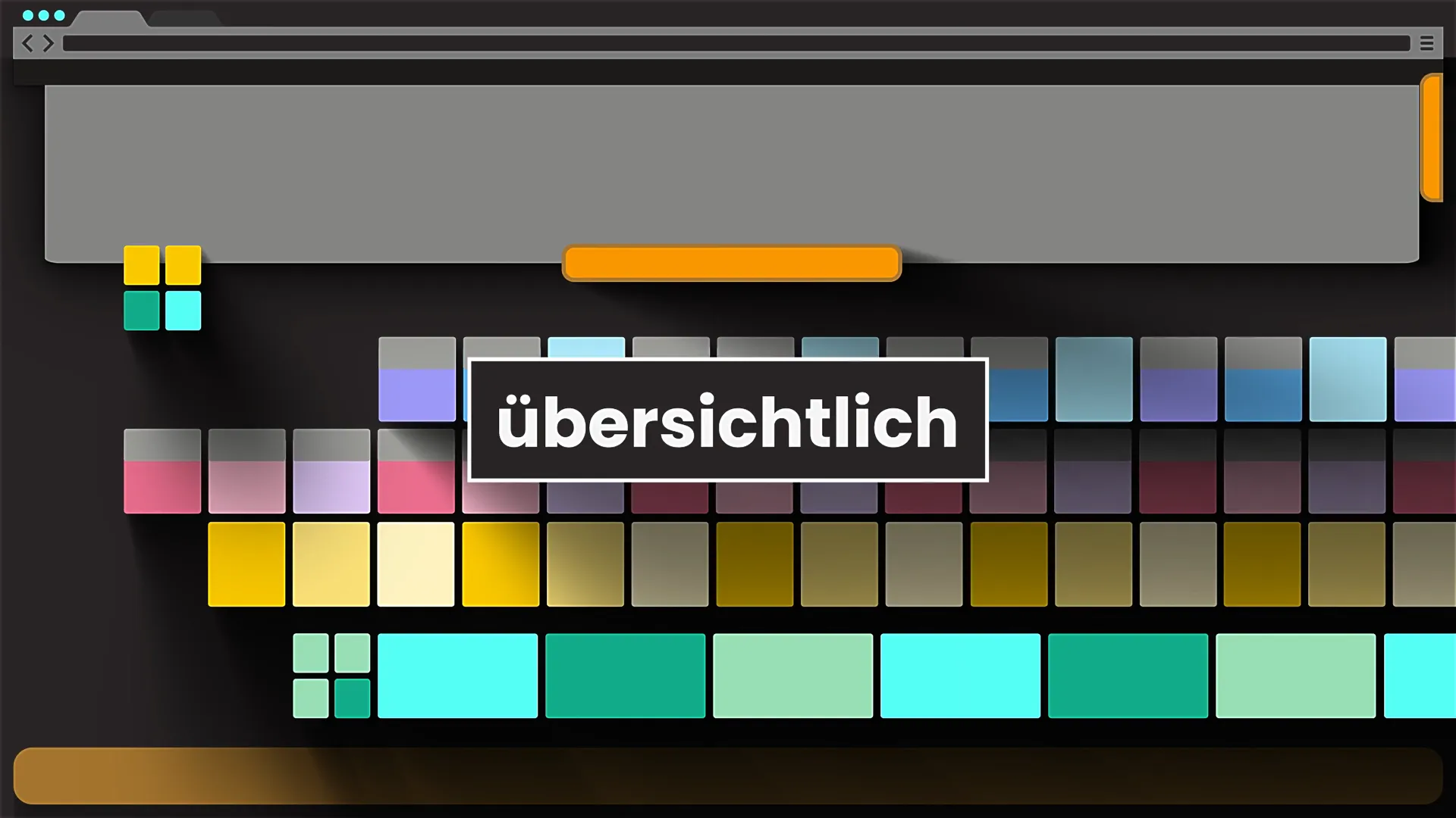 Grafische Darstellung einer Website-Oberfläche mit bunten Kacheln. In der Mitte steht groß das Wort ‚übersichtlich‘.