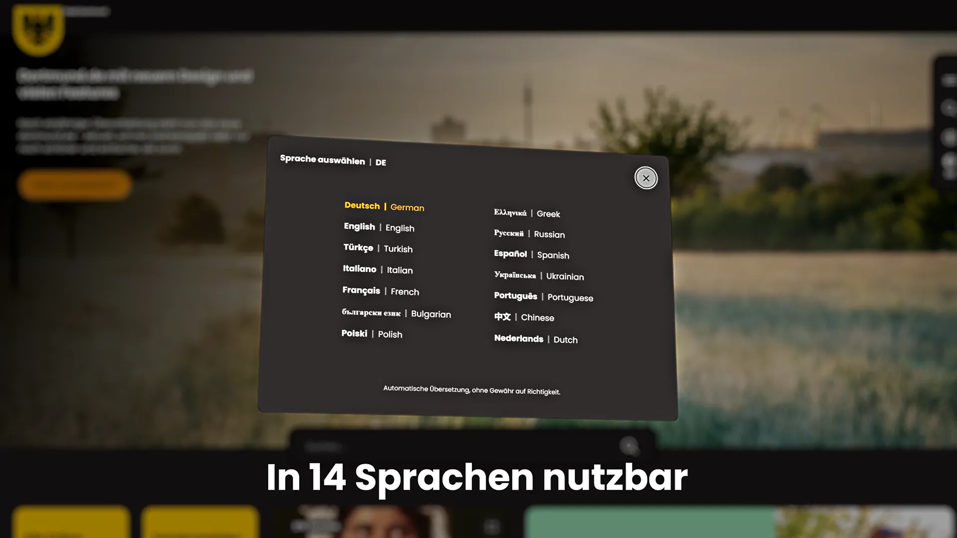Screenshot der neuen Dortmund-Website mit Sprachauswahl in 14 Sprachen, darunter Deutsch, Englisch, Türkisch, Italienisch, Französisch und Chinesisch – Symbol für digitale Barrierefreiheit und internationale Nutzerfreundlichkeit.