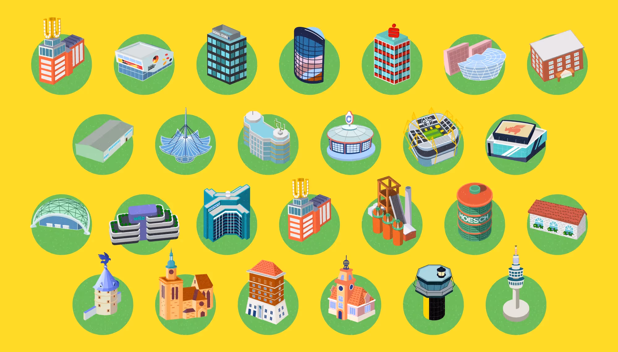 Illustration von 24 ikonischen Gebäuden und Wahrzeichen Dortmunds in stilisierter, bunter Darstellung. Zu sehen sind u.a. das Dortmunder U, Signal Iduna Gebäude, Sparkasse-Hochhaus, Westfalenstadion, Westfalenhalle, Gasometer Hoesch, Fernsehturm Florian so