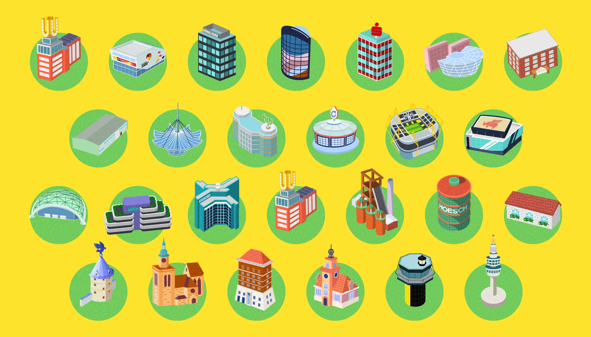 Illustration von 24 ikonischen Gebäuden und Wahrzeichen Dortmunds in stilisierter, bunter Darstellung. Zu sehen sind u.a. das Dortmunder U, Signal Iduna Gebäude, Sparkasse-Hochhaus, Westfalenstadion, Westfalenhalle, Gasometer Hoesch, Fernsehturm Florian so