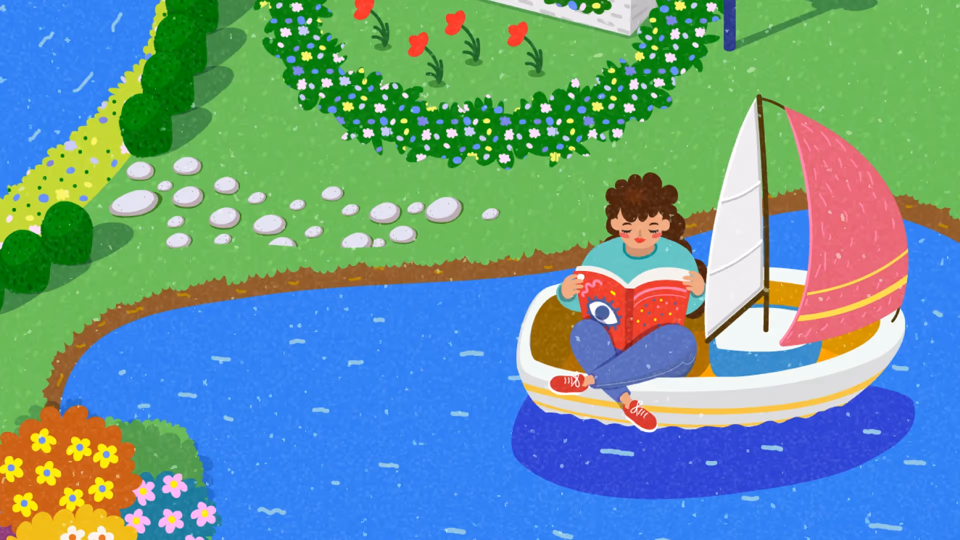 2D Erklärvideo Illustration: Junge Person liest ein Buch auf einem Segelboot auf dem See, umgeben von Blumen und Natur – bildhafte Animation für Bildung, Lernen und Wissensvermittlung im modernen 2D Erklärvideo Stil.