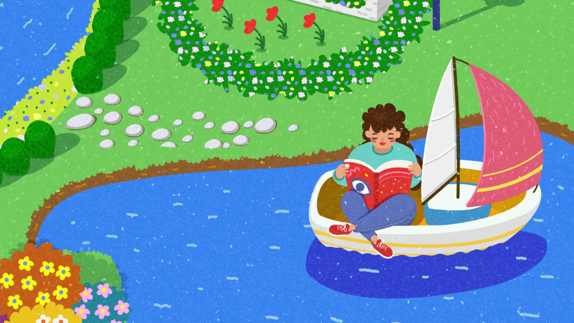 2D Erklärvideo Illustration: Junge Person liest ein Buch auf einem Segelboot auf dem See, umgeben von Blumen und Natur – bildhafte Animation für Bildung, Lernen und Wissensvermittlung im modernen 2D Erklärvideo Stil.