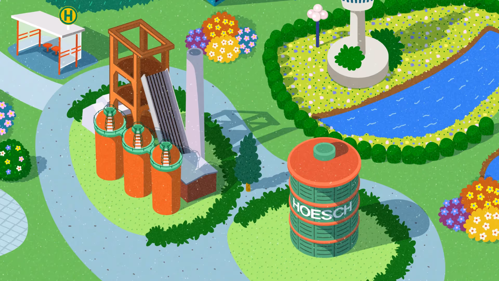 2D Erklärvideo Illustration zeigt das Dortmunder Industriedenkmal Hoesch mit Hochofenanlage, Tanks und Grünflächen – animierte Bildungsdarstellung über Industriegeschichte, Stadtentwicklung und Lernen im 2D Erklärvideo Stil.