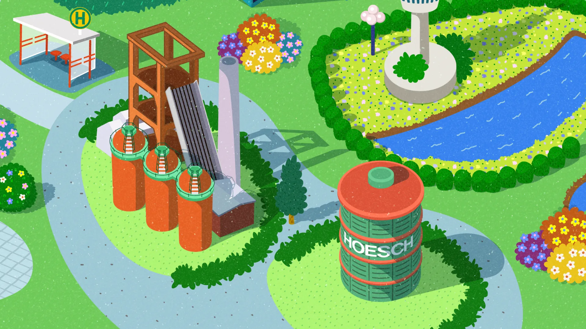 2D Erklärvideo Illustration zeigt das Dortmunder Industriedenkmal Hoesch mit Hochofenanlage, Tanks und Grünflächen – animierte Bildungsdarstellung über Industriegeschichte, Stadtentwicklung und Lernen im 2D Erklärvideo Stil.