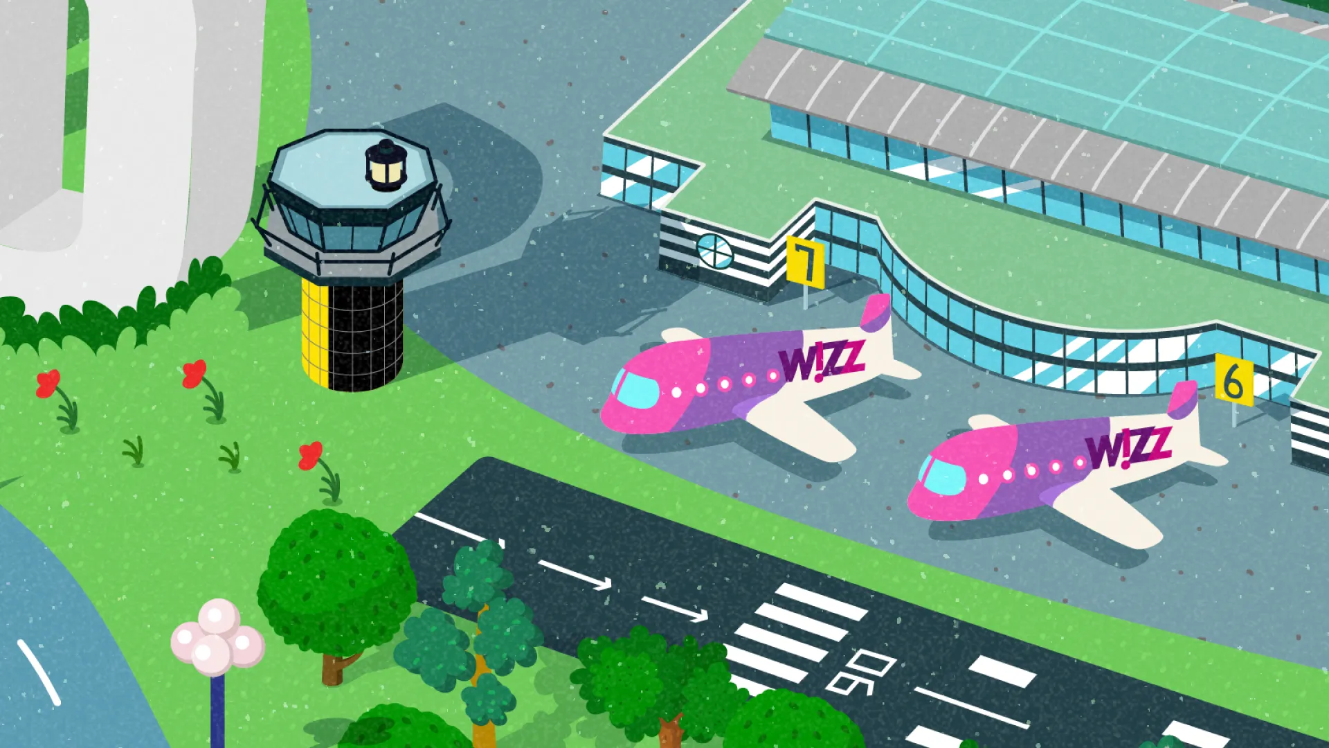 2D Erklärvideo Illustration zeigt einen Flughafen mit Terminal, zwei pink-violetten WizzAir Flugzeugen und Tower – animierte Bildungsszene über Reisen, Mobilität und Infrastruktur im modernen 2D Erklärvideo Stil.