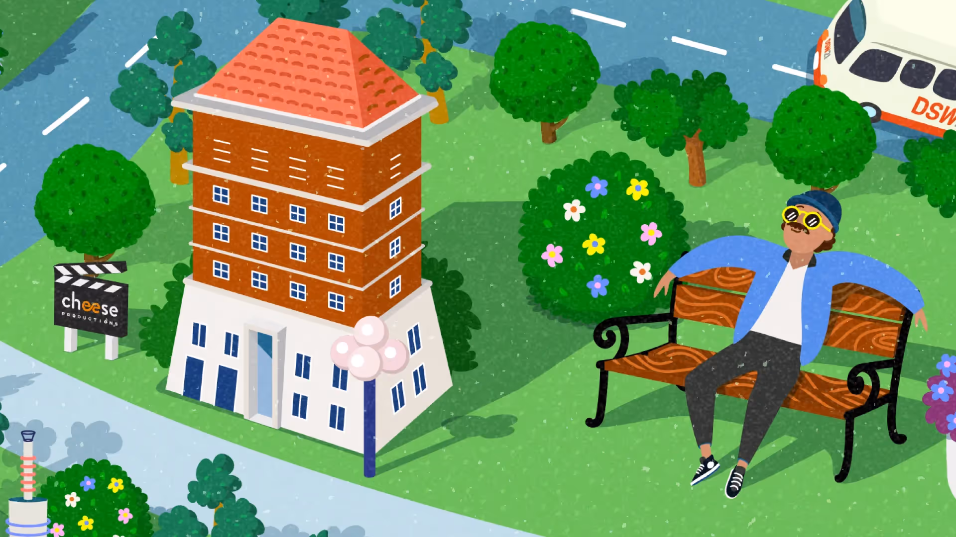 2D Erklärvideo Illustration zeigt eine entspannte Person auf einer Parkbank vor dem CHEESE Productions Gebäude – animierte Bildungs- und Imagefilm-Szene über Kreativität, Medienarbeit und Stadtleben im modernen 2D Erklärvideo Stil.