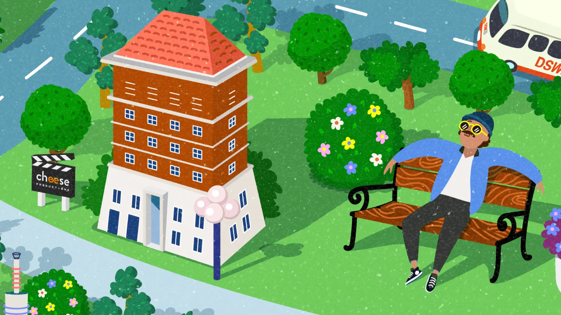 2D Erklärvideo Illustration zeigt eine entspannte Person auf einer Parkbank vor dem CHEESE Productions Gebäude – animierte Bildungs- und Imagefilm-Szene über Kreativität, Medienarbeit und Stadtleben im modernen 2D Erklärvideo Stil.