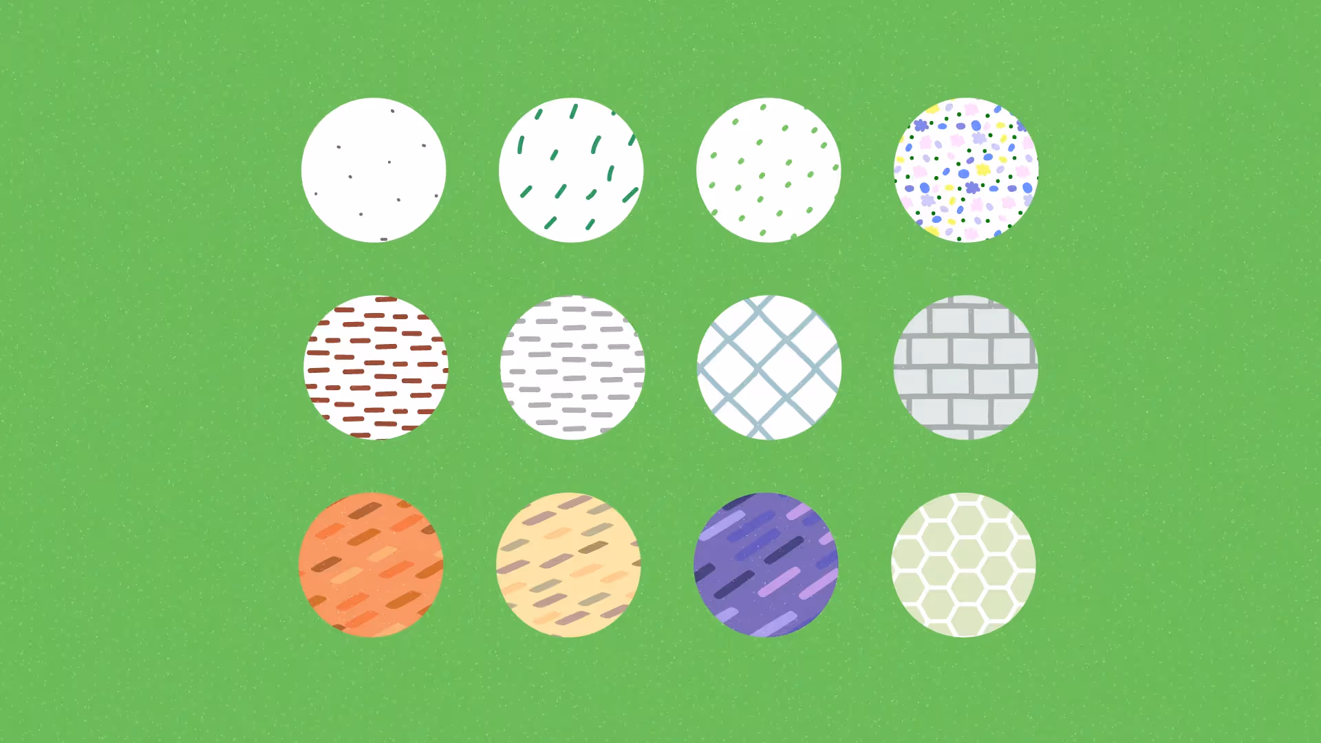 2D Erklärvideo Illustration mit bunten, texturierten Kreisen auf grünem Hintergrund – symbolische Darstellung von Lernmustern, Vielfalt und Gestaltung im Bildungsbereich, ideal für Animation und visuelle Wissensvermittlung im 2D Erklärvideo Stil.