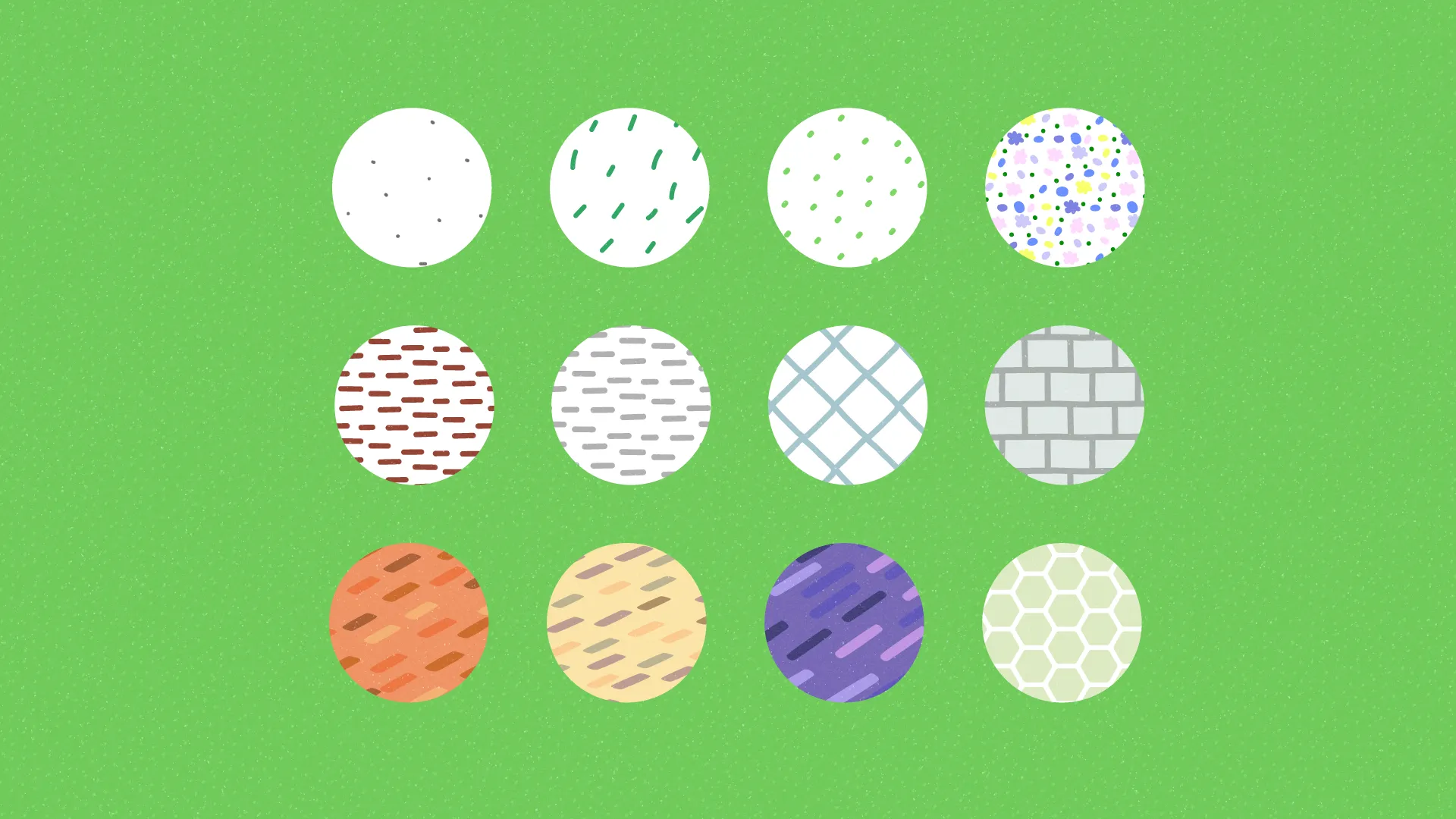 2D Erklärvideo Illustration mit bunten, texturierten Kreisen auf grünem Hintergrund – symbolische Darstellung von Lernmustern, Vielfalt und Gestaltung im Bildungsbereich, ideal für Animation und visuelle Wissensvermittlung im 2D Erklärvideo Stil.