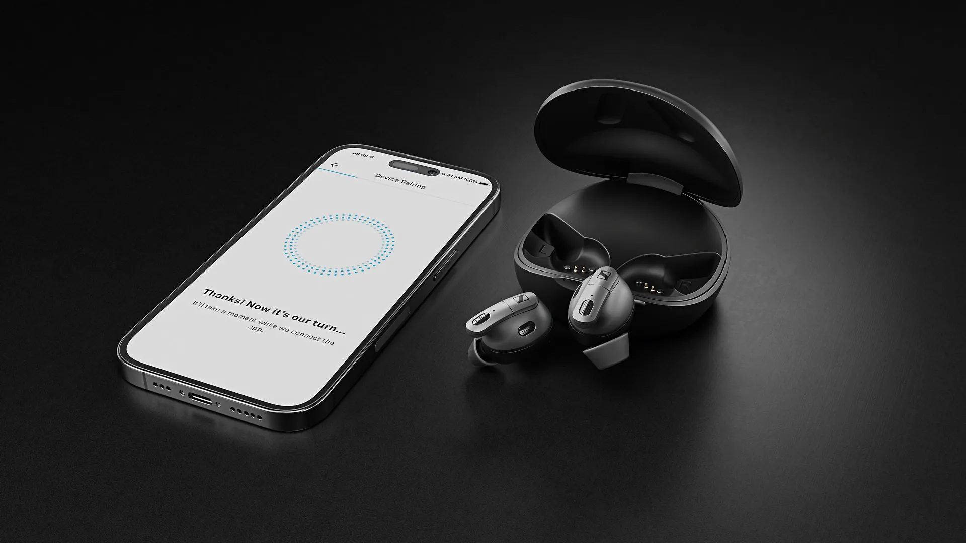 3D Animation und Produktvideo-Szene moderner In-Ear-Kopfhörer mit Ladecase und Smartphone – Werbefilm mit Fokus auf Konnektivität, Design und Hightech-Ästhetik, ideal für audiovisuelle Markeninszenierung im Premium-Audiosegment.