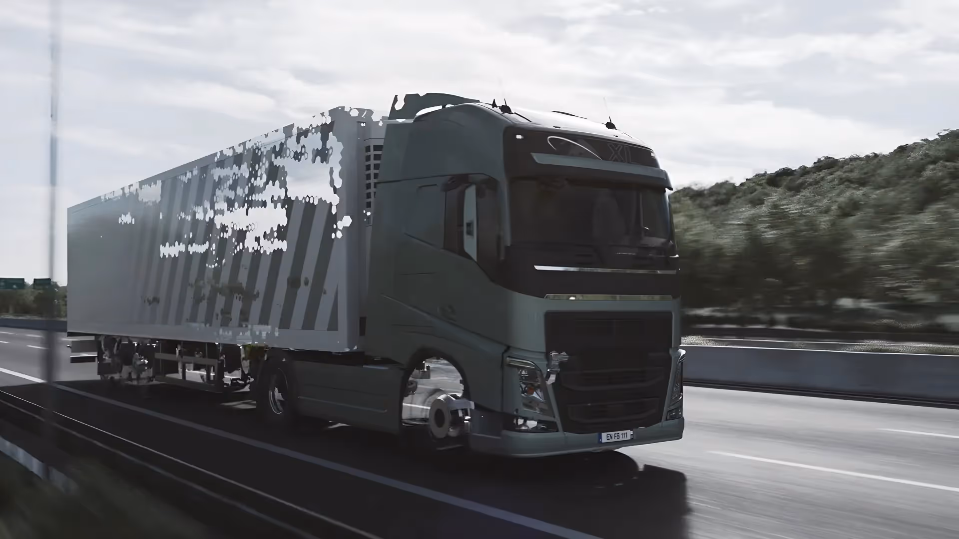 Realistische 3D Animation eines Lkw in Bewegung mit teils transparenter Fahrzeugdarstellung – technisches Produktvideo und Werbefilm zur Visualisierung von Innovation, Effizienz und Fahrzeugtechnologie im Transport- und Logistikbereich.