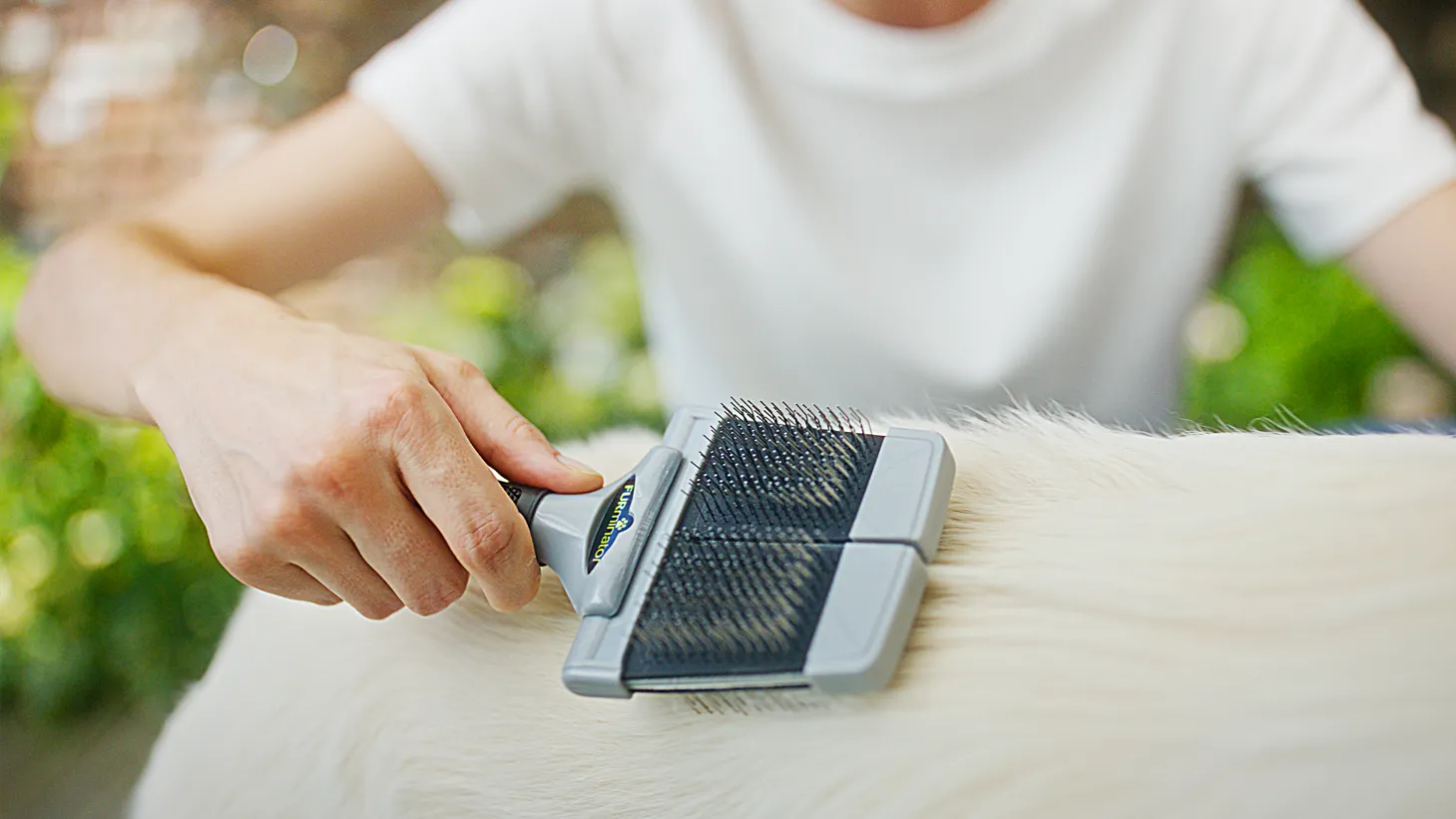 Filmproduktion und Werbefilm-Szene mit Fokus auf Produktvideo: Detailaufnahme einer Hand, die mit einer Tierbürste das Fell eines Hundes pflegt – professionelle Markeninszenierung mit Schwerpunkt auf Produktfunktion, Lifestyle und Vertrauen.