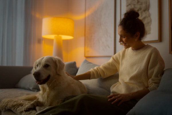 Filmproduktion und Werbefilm-Szene mit emotionaler Produktvideo-Inszenierung: Frau sitzt abends mit goldenem Hund auf dem Sofa, warme Lichtstimmung und gemütliche Atmosphäre betonen Nähe, Vertrauen und Lifestyle-Markenerlebnis.