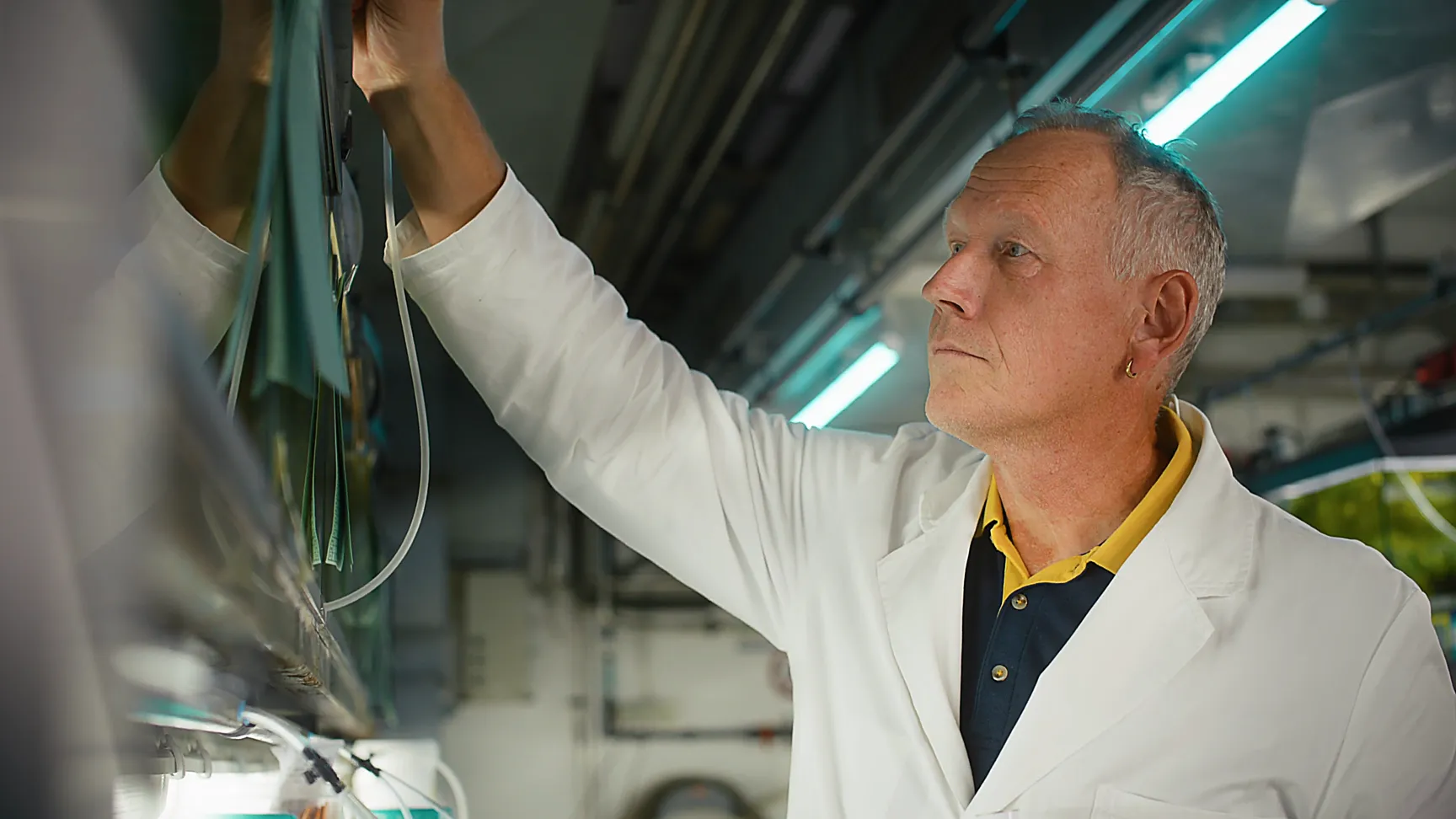 Forscher im weißen Laborkittel bedient technische Anlage mit grüner Beleuchtung, industrielle Laborumgebung, Realfilm, detailreiche Aufnahme.