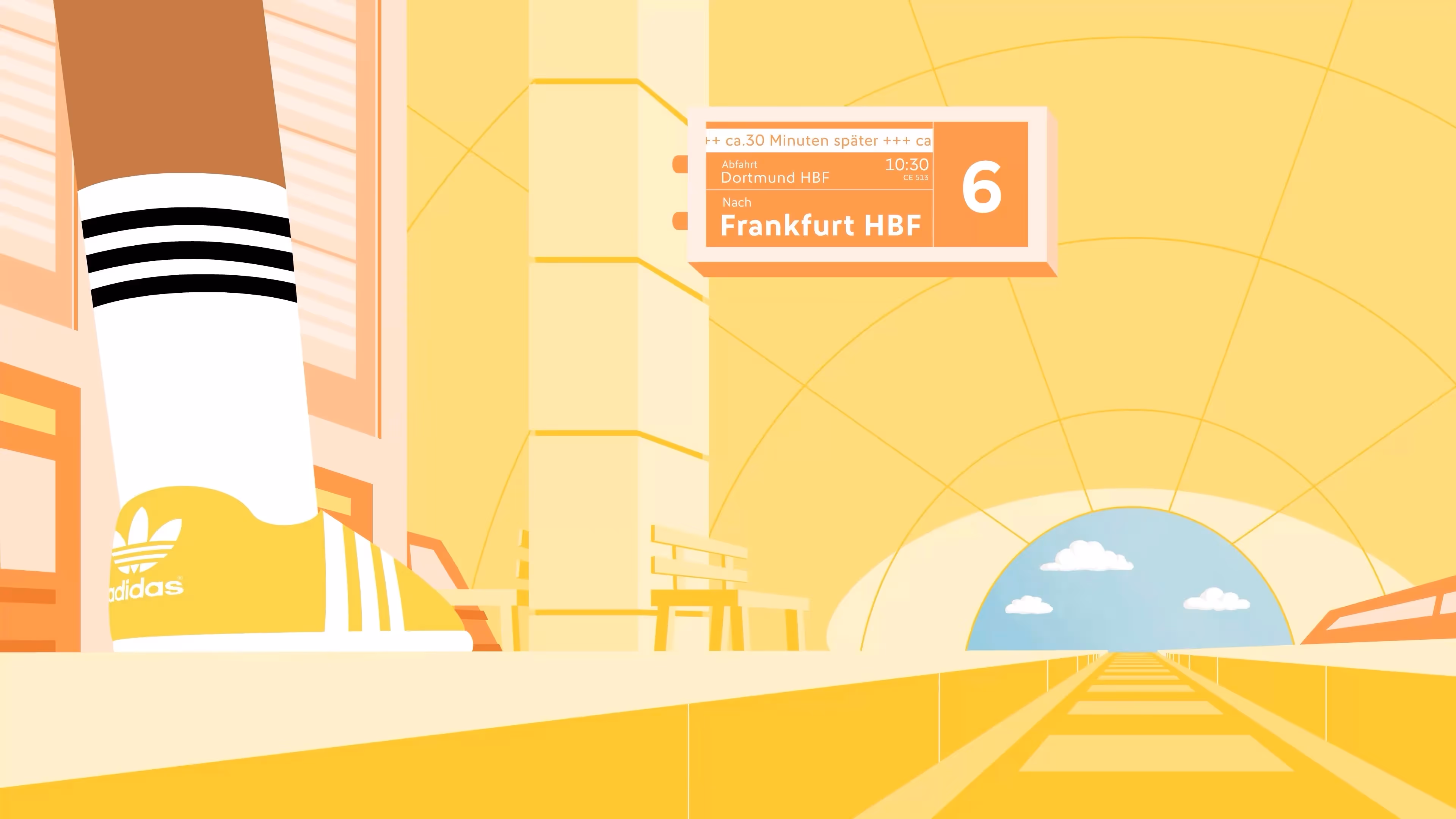 Illustration Nahaufnahme von gelben Adidas Sneakern und weißen Socken mit schwarzen Streifen am Bahnhof, Abfahrtstafel zeigt Zug nach Frankfurt HBF.