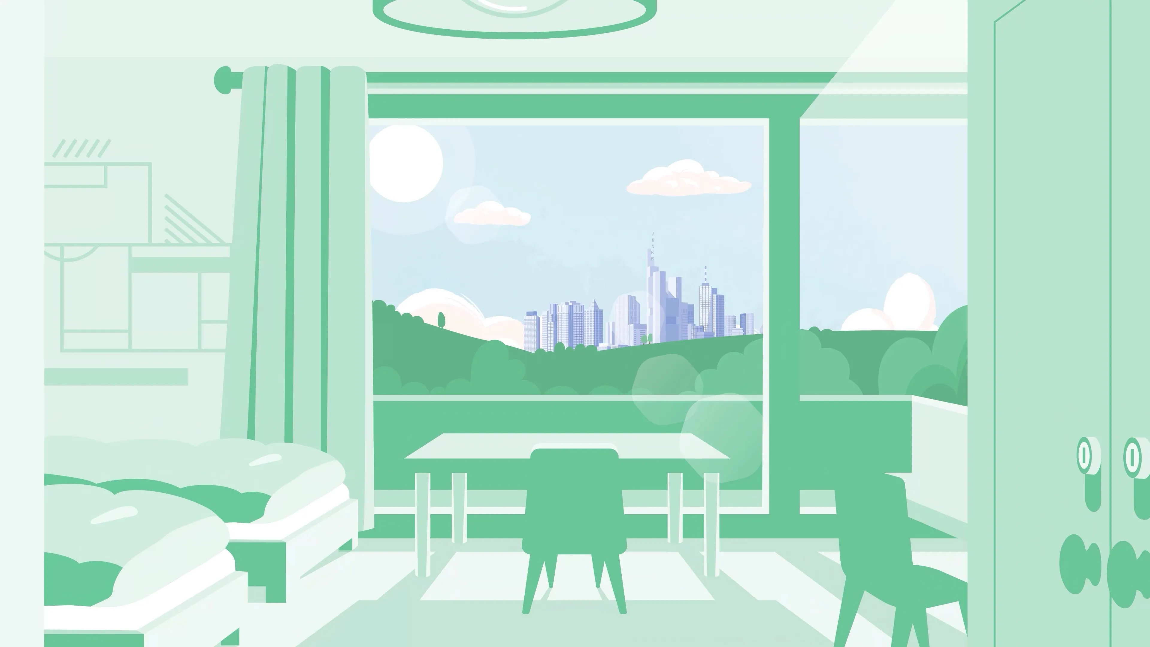 2D Erklärvideo Illustration zeigt ein helles Zimmer mit Bett, Schreibtisch und Ausblick auf die Skyline von Frankfurt – Bildungsanimation über Wohnen, Lernen und urbane Entwicklung im modernen, minimalistischen 2D Stil.