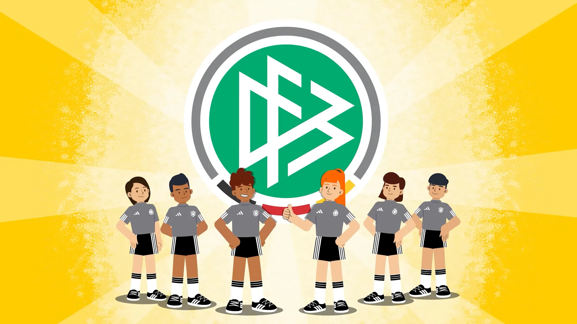 2D Erklärvideo Illustration zeigt eine fröhliche Kinderfußballmannschaft vor dem DFB-Logo – Bildungsanimation über Teamgeist, Sportförderung und Jugendarbeit im modernen 2D Animationsstil mit Fokus auf Bewegung und Lernen.